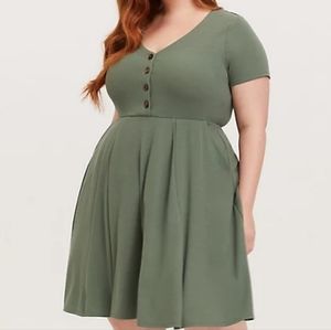 Torrid Olive Green Ribbed Button Front Skater Dress w/ Pockets